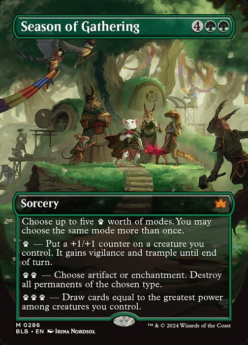 Choose up to five {P} worth of modes. You may choose the same mode more than once.
{P} — Put a +1/+1 counter on a creature you control. It gains vigilance and trample until end of turn.
{P}{P} — Choose artifact or enchantment. Destroy all permanents of the chosen type.
{P}{P}{P} — Draw cards equal to the greatest power among creatures you control.