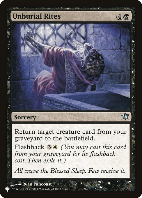 Return target creature card from your graveyard to the battlefield.
Flashback {3}{W} (You may cast this card from your graveyard for its flashback cost. Then exile it.)