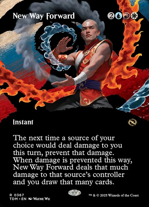 The next time a source of your choice would deal damage to you this turn, prevent that damage. When damage is prevented this way, New Way Forward deals that much damage to that source's controller and you draw that many cards.