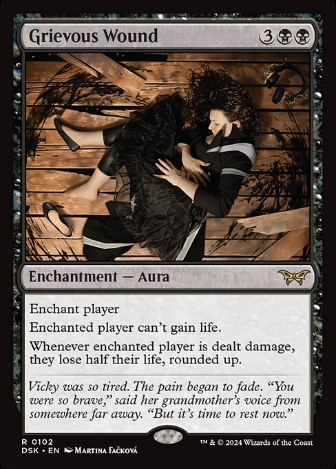 Enchant player
Enchanted player can't gain life.
Whenever enchanted player is dealt damage, they lose half their life, rounded up.