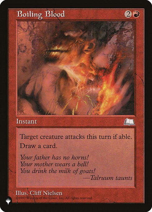 Target creature attacks this turn if able.
Draw a card.