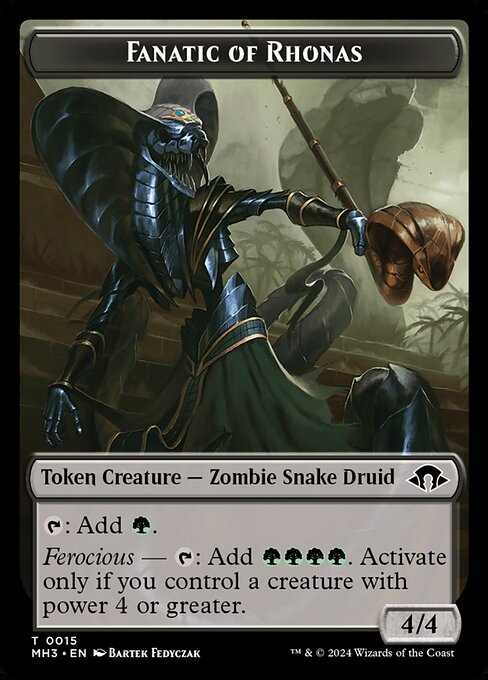 {T}: Add {G}.
Ferocious — {T}: Add {G}{G}{G}{G}. Activate only if you control a creature with power 4 or greater.