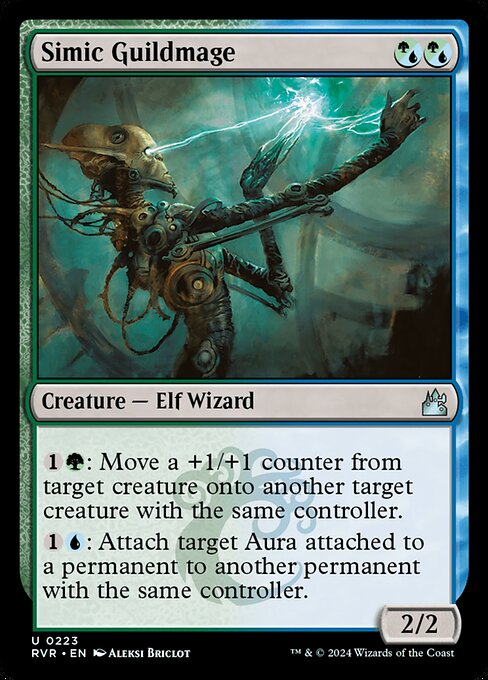 ({G/U} can be paid with either {G} or {U}.)
{1}{G}: Move a +1/+1 counter from target creature onto another target creature with the same controller.
{1}{U}: Attach target Aura attached to a permanent to another permanent with the same controller.