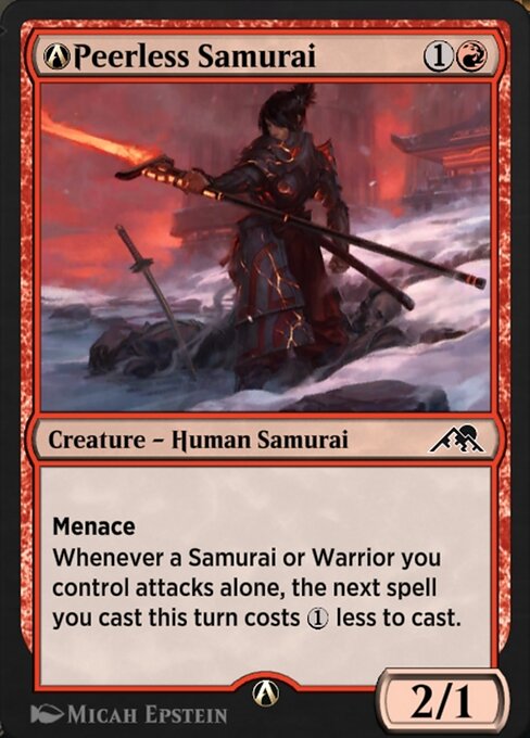 Menace (This creature can't be blocked except by two or more creatures.)
Whenever a Samurai or Warrior you control attacks alone, the next spell you cast this turn costs {1} less to cast.