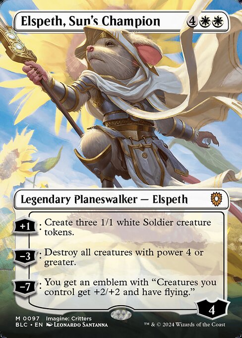 '+1: Create three 1/1 white Soldier creature tokens.
−3: Destroy all creatures with power 4 or greater.
−7: You get an emblem with "Creatures you control get +2/+2 and have flying."