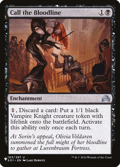 {1}, Discard a card: Create a 1/1 black Vampire Knight creature token with lifelink. Activate only once each turn.