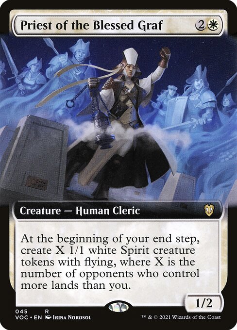 At the beginning of your end step, create X 1/1 white Spirit creature tokens with flying, where X is the number of opponents who control more lands than you.