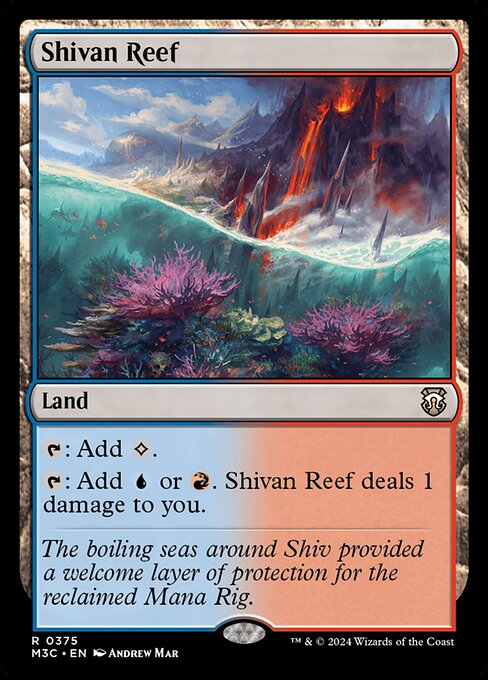 {T}: Add {C}.
{T}: Add {U} or {R}. Shivan Reef deals 1 damage to you.