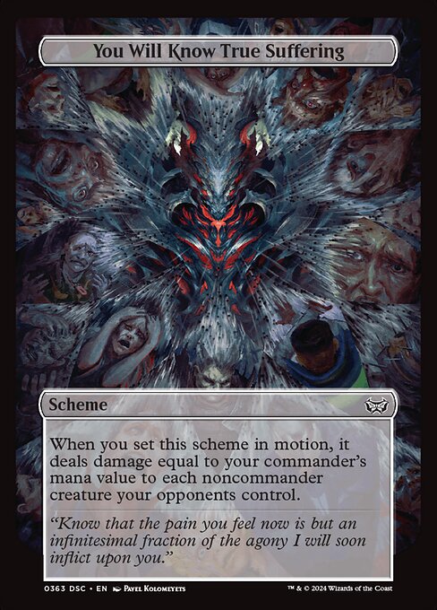 When you set this scheme in motion, it deals damage equal to your commander's mana value to each noncommander creature your opponents control.