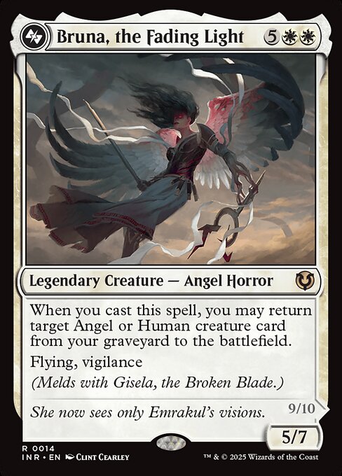 When you cast this spell, you may return target Angel or Human creature card from your graveyard to the battlefield.
Flying, vigilance
(Melds with Gisela, the Broken Blade.)