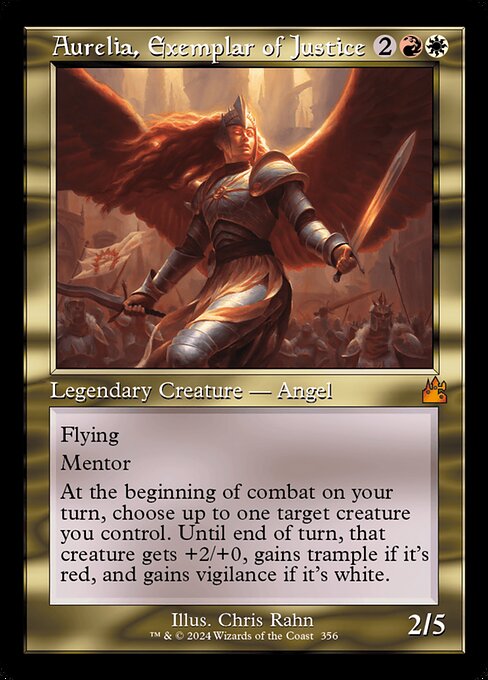 Flying
Mentor (Whenever this creature attacks, put a +1/+1 counter on target attacking creature with lesser power.)
At the beginning of combat on your turn, choose up to one target creature you control. Until end of turn, that creature gets +2/+0, gains trample if it's red, and gains vigilance if it's white.