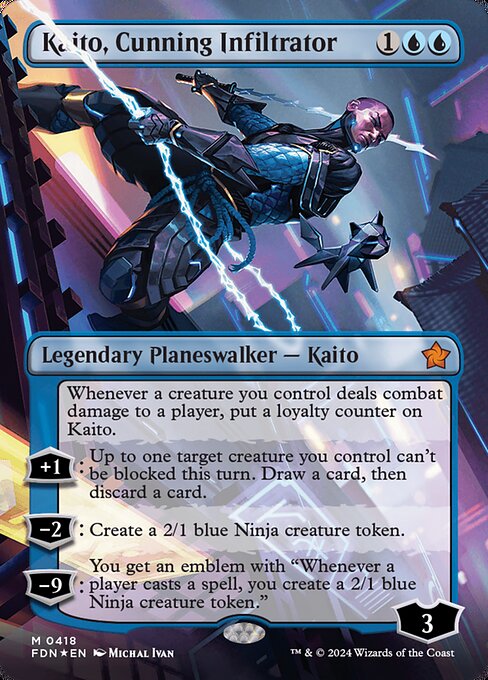 Whenever a creature you control deals combat damage to a player, put a loyalty counter on Kaito.
+1: Up to one target creature you control can't be blocked this turn. Draw a card, then discard a card.
−2: Create a 2/1 blue Ninja creature token.
−9: You get an emblem with "Whenever a player casts a spell, you create a 2/1 blue Ninja creature token."