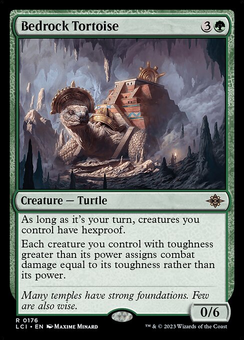 As long as it's your turn, creatures you control have hexproof.
Each creature you control with toughness greater than its power assigns combat damage equal to its toughness rather than its power.