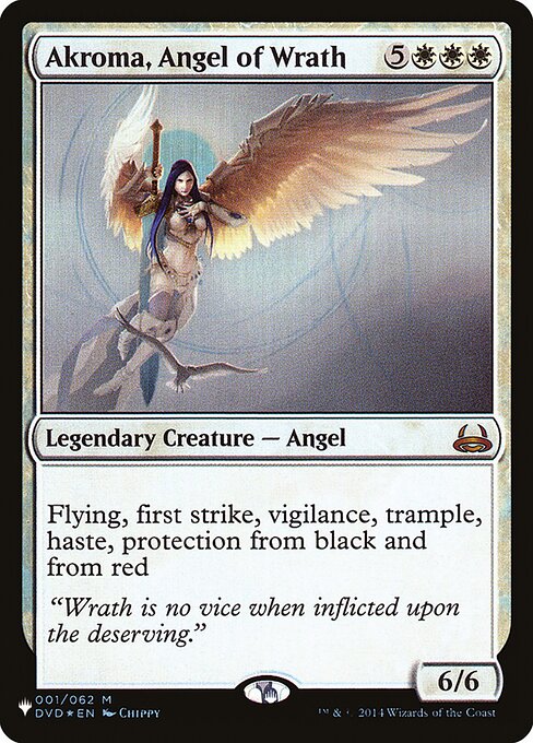Flying, first strike, vigilance, trample, haste, protection from black and from red