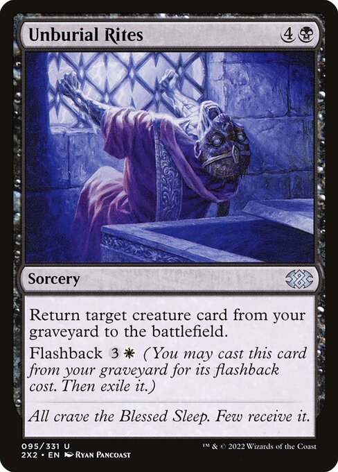 Return target creature card from your graveyard to the battlefield.
Flashback {3}{W} (You may cast this card from your graveyard for its flashback cost. Then exile it.)