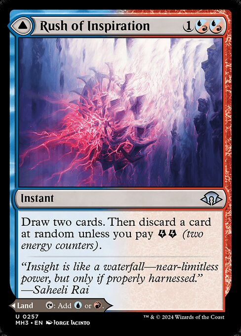 Draw two cards. Then discard a card at random unless you pay {E}{E} (two energy counters).   Crackling Falls enters the battlefield tapped.
{T}: Add {U} or {R}.