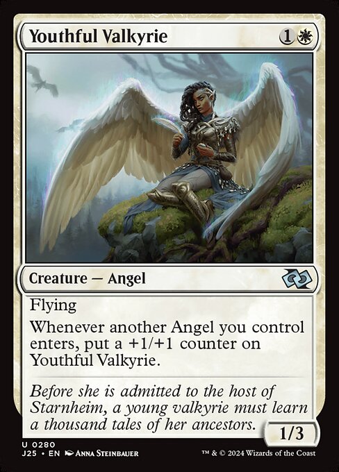 Flying
Whenever another Angel you control enters, put a +1/+1 counter on this creature.