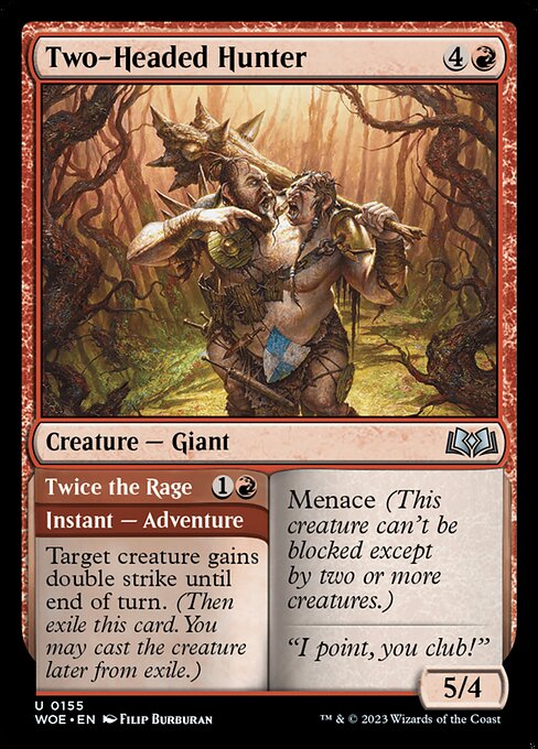 Menace (This creature can't be blocked except by two or more creatures.)   Target creature gains double strike until end of turn. (Then exile this card. You may cast the creature later from exile.)