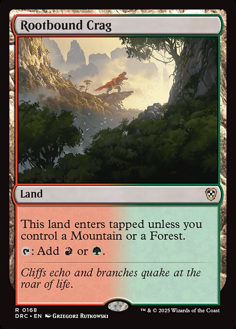 This land enters tapped unless you control a Mountain or a Forest.
{T}: Add {R} or {G}.