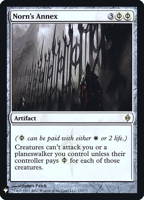 ({W/P} can be paid with either {W} or 2 life.)
Creatures can't attack you or planeswalkers you control unless their controller pays {W/P} for each of those creatures.