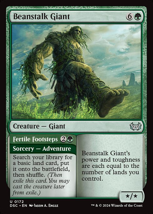 Beanstalk Giant's power and toughness are each equal to the number of lands you control.   Search your library for a basic land card, put it onto the battlefield, then shuffle. (Then exile this card. You may cast the creature later from exile.)