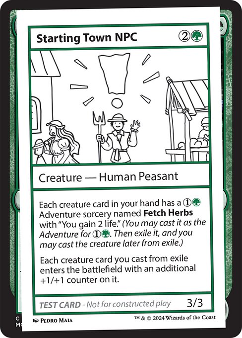 Each creature card in your hand has a {1}{G} Adventure sorcery named Fetch Herbs with "You gain 2 life." (You may cast it as the Adventure for {1}{G}. Then exile it, and you may cast the creature later from exile.)
Each creature card you cast from exile enters the battlefield with an additional +1/+1 counter on it.