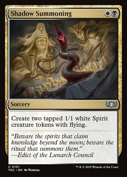 Create two tapped 1/1 white Spirit creature tokens with flying.