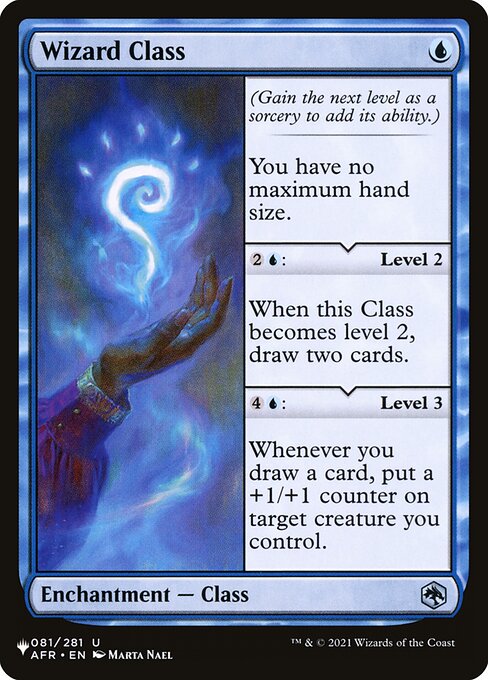 (Gain the next level as a sorcery to add its ability.)
You have no maximum hand size.
{2}{U}: Level 2
When this Class becomes level 2, draw two cards.
{4}{U}: Level 3
Whenever you draw a card, put a +1/+1 counter on target creature you control.