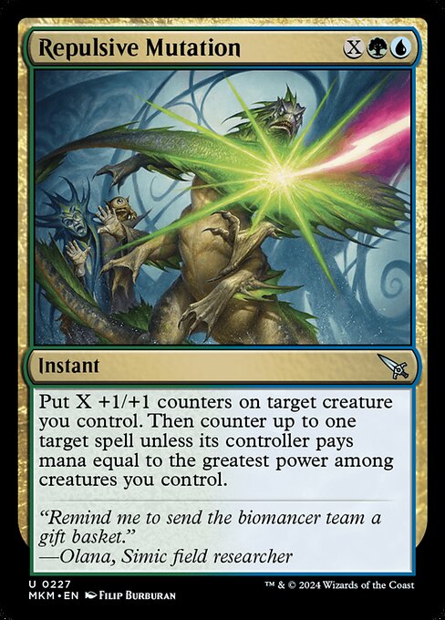 Put X +1/+1 counters on target creature you control. Then counter up to one target spell unless its controller pays mana equal to the greatest power among creatures you control.