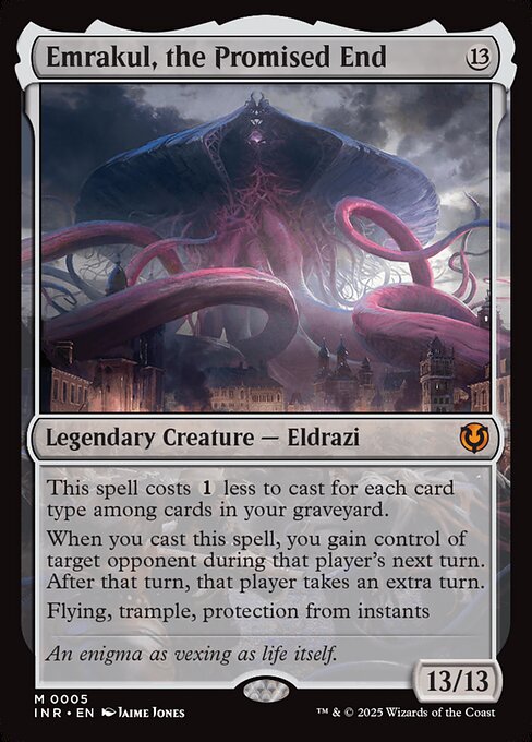 This spell costs {1} less to cast for each card type among cards in your graveyard.
When you cast this spell, you gain control of target opponent during that player's next turn. After that turn, that player takes an extra turn.
Flying, trample, protection from instants