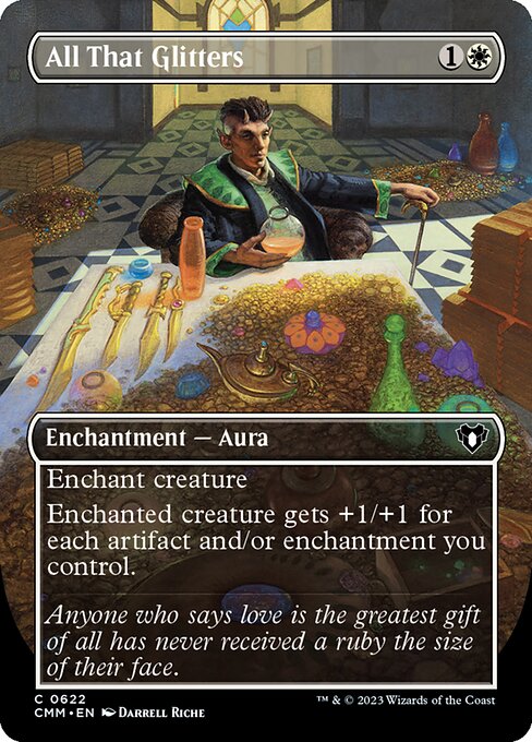 Enchant creature
Enchanted creature gets +1/+1 for each artifact and/or enchantment you control.