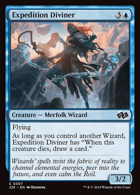 Flying
As long as you control another Wizard, Expedition Diviner has "When this creature dies, draw a card."