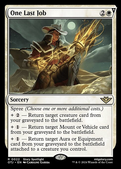Spree (Choose one or more additional costs.)
+ {2} — Return target creature card from your graveyard to the battlefield.
+ {1} — Return target Mount or Vehicle card from your graveyard to the battlefield.
+ {1} — Return target Aura or Equipment card from your graveyard to the battlefield attached to a creature you control.