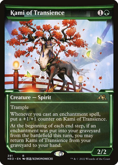 Trample
Whenever you cast an enchantment spell, put a +1/+1 counter on Kami of Transience.
At the beginning of each end step, if an enchantment was put into your graveyard from the battlefield this turn, you may return Kami of Transience from your graveyard to your hand.
