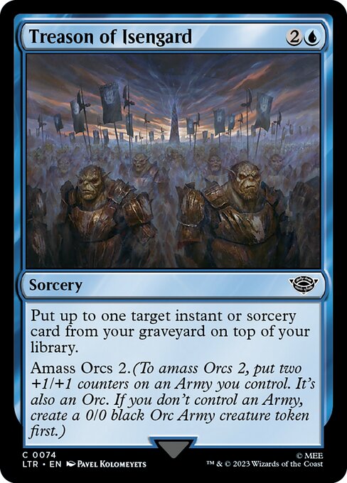 Put up to one target instant or sorcery card from your graveyard on top of your library.
Amass Orcs 2. (To amass Orcs 2, put two +1/+1 counters on an Army you control. It's also an Orc. If you don't control an Army, create a 0/0 black Orc Army creature token first.)