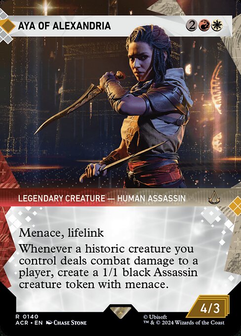 Menace, lifelink
Whenever a historic creature you control deals combat damage to a player, create a 1/1 black Assassin creature token with menace. (Artifacts, legendaries, and Sagas are historic.)