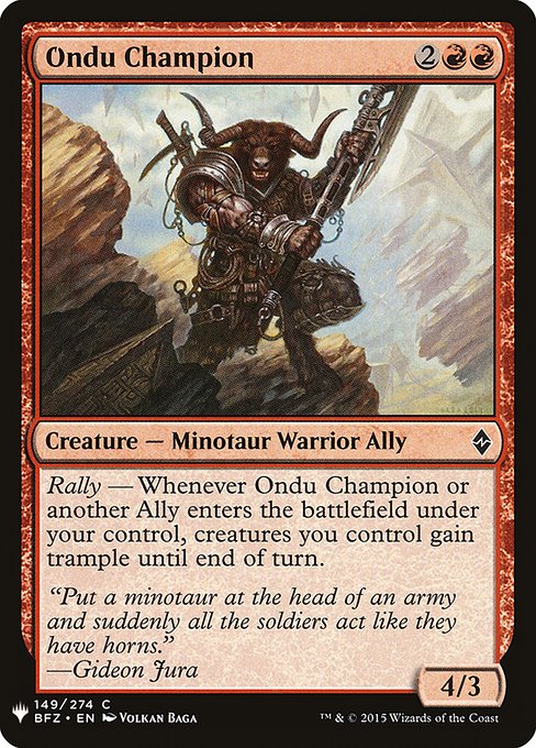 Rally — Whenever Ondu Champion or another Ally you control enters, creatures you control gain trample until end of turn.