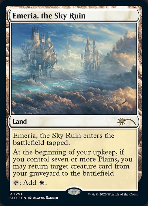 Emeria, the Sky Ruin enters the battlefield tapped.
At the beginning of your upkeep, if you control seven or more Plains, you may return target creature card from your graveyard to the battlefield.
{T}: Add {W}.