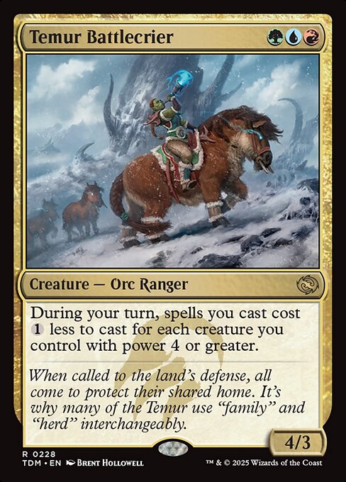 During your turn, spells you cast cost {1} less to cast for each creature you control with power 4 or greater.
