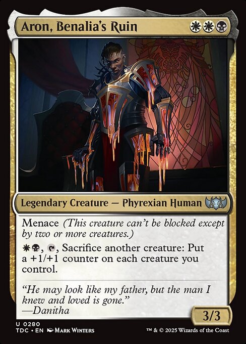 Menace (This creature can't be blocked except by two or more creatures.)
{W}{B}, {T}, Sacrifice another creature: Put a +1/+1 counter on each creature you control.