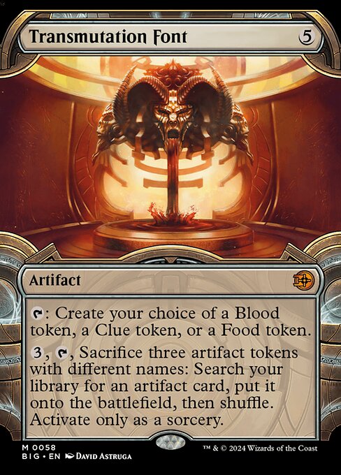 {T}: Create your choice of a Blood token, a Clue token, or a Food token.
{3}, {T}, Sacrifice three artifact tokens with different names: Search your library for an artifact card, put it onto the battlefield, then shuffle. Activate only as a sorcery.