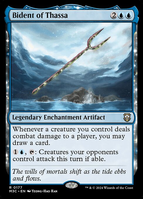 Whenever a creature you control deals combat damage to a player, you may draw a card.
{1}{U}, {T}: Creatures your opponents control attack this turn if able.