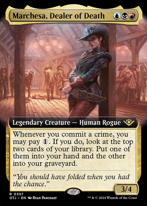 Whenever you commit a crime, you may pay {1}. If you do, look at the top two cards of your library. Put one of them into your hand and the other into your graveyard. (Targeting opponents, anything they control, and/or cards in their graveyards is a crime.)