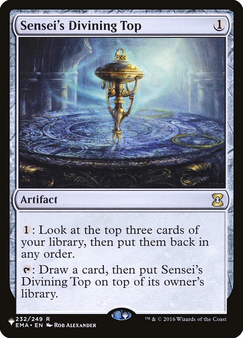 {1}: Look at the top three cards of your library, then put them back in any order.
{T}: Draw a card, then put Sensei's Divining Top on top of its owner's library.