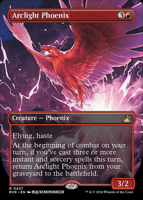 Flying, haste
At the beginning of combat on your turn, if you've cast three or more instant and sorcery spells this turn, return Arclight Phoenix from your graveyard to the battlefield.