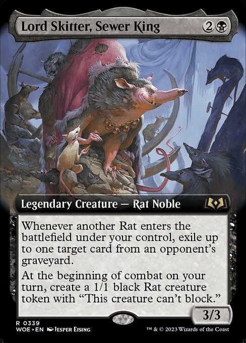 Whenever another Rat enters the battlefield under your control, exile up to one target card from an opponent's graveyard.
At the beginning of combat on your turn, create a 1/1 black Rat creature token with "This creature can't block."