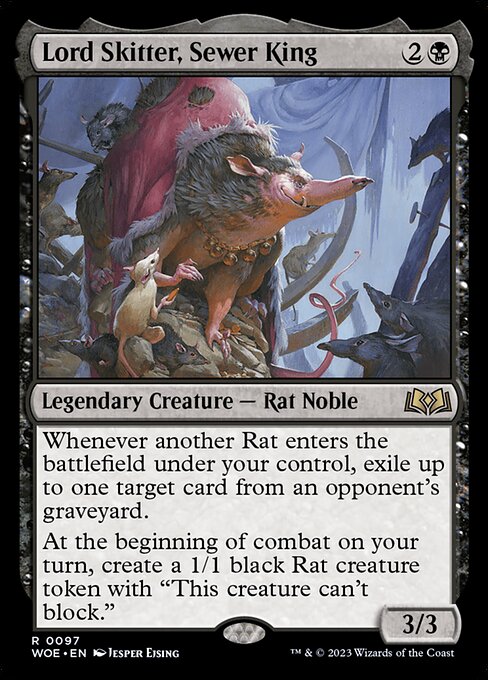 Whenever another Rat enters the battlefield under your control, exile up to one target card from an opponent's graveyard.
At the beginning of combat on your turn, create a 1/1 black Rat creature token with "This creature can't block."