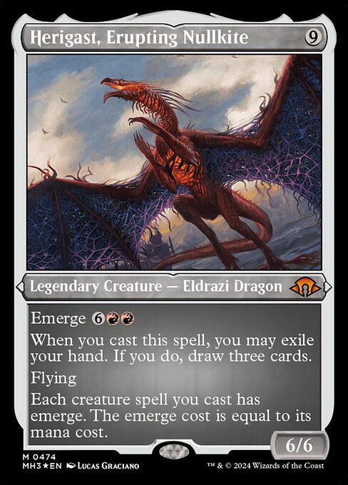 Emerge {6}{R}{R} (You may cast this spell by sacrificing a creature and paying the emerge cost reduced by that creature's mana value.)
When you cast this spell, you may exile your hand. If you do, draw three cards.
Flying
Each creature spell you cast has emerge. The emerge cost is equal to its mana cost.