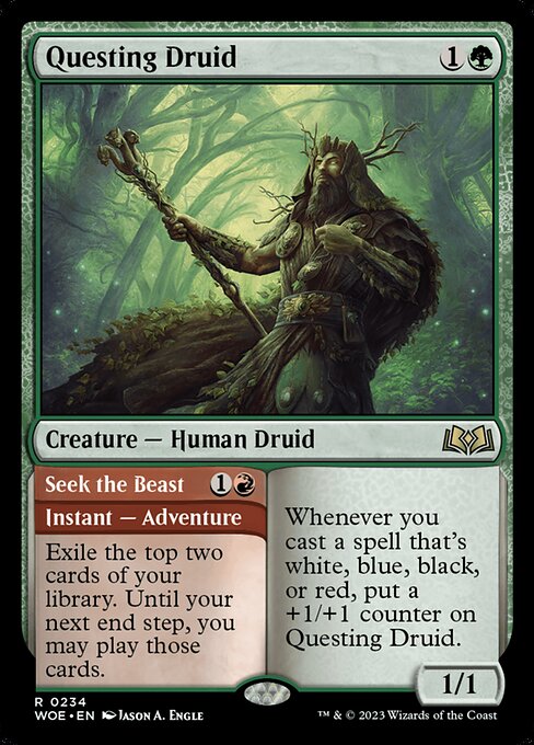 Whenever you cast a spell that's white, blue, black, or red, put a +1/+1 counter on Questing Druid.   Exile the top two cards of your library. Until your next end step, you may play those cards.