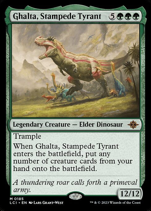 Trample
When Ghalta, Stampede Tyrant enters the battlefield, put any number of creature cards from your hand onto the battlefield.